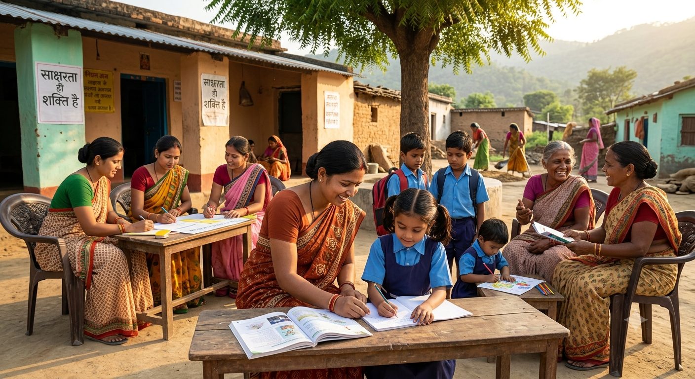 Volunteers running a literacy and education programme for children and mothers
