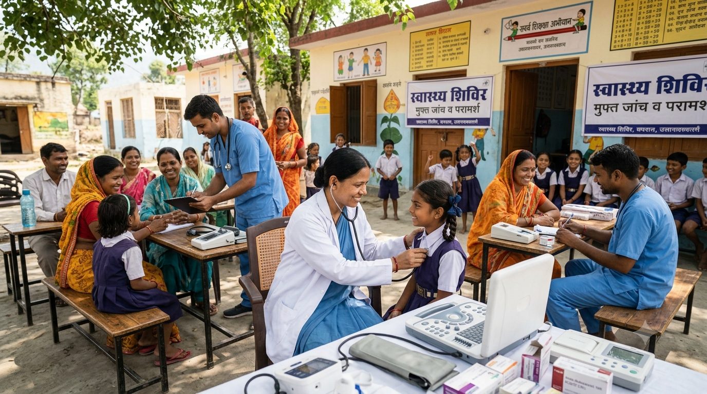 A health camp supporting women and children in a village school